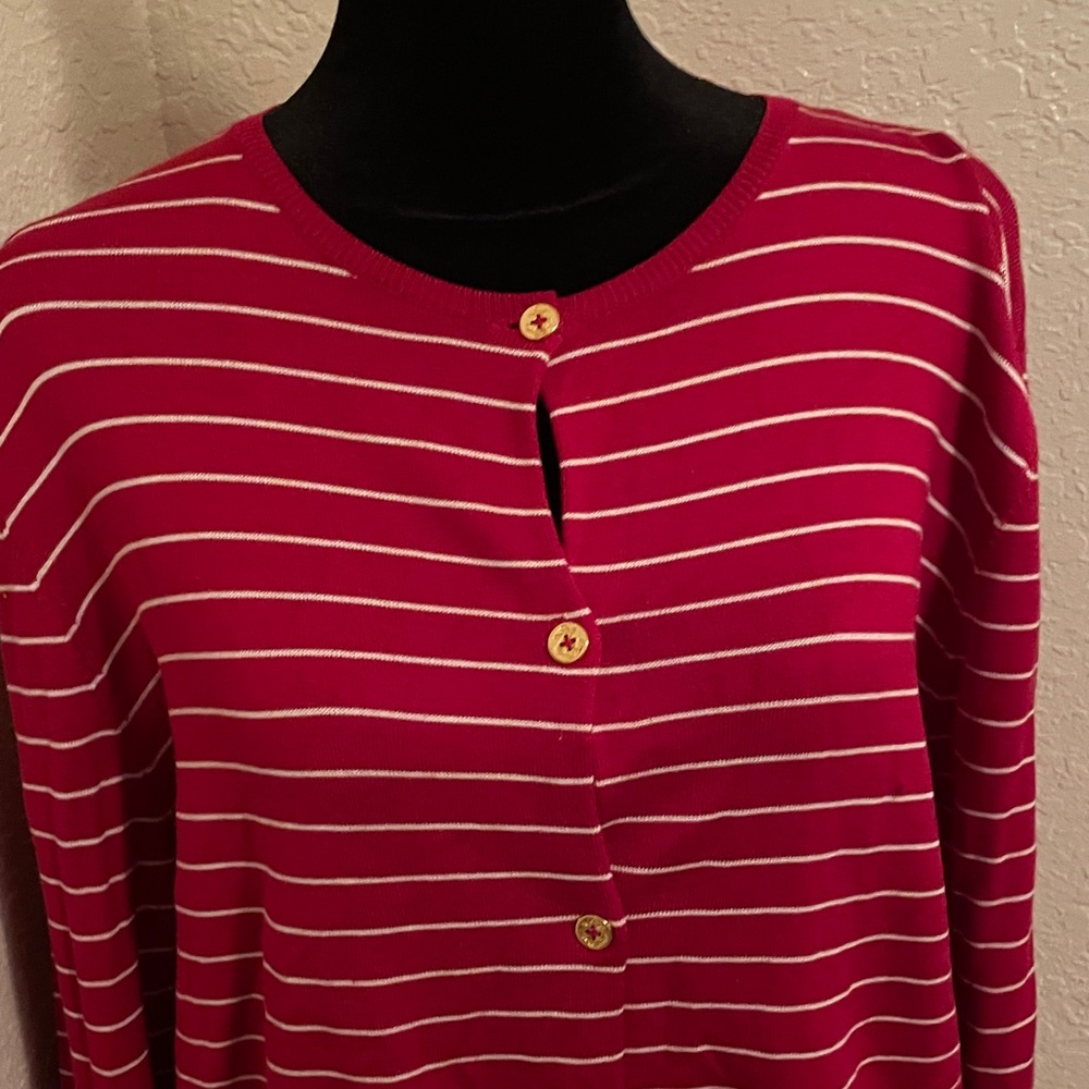 Ralph Lauren Women’s Plus Red Striped Silk Blend Long Sleeve Cardigan Plus 1X - Picture 3 of 10